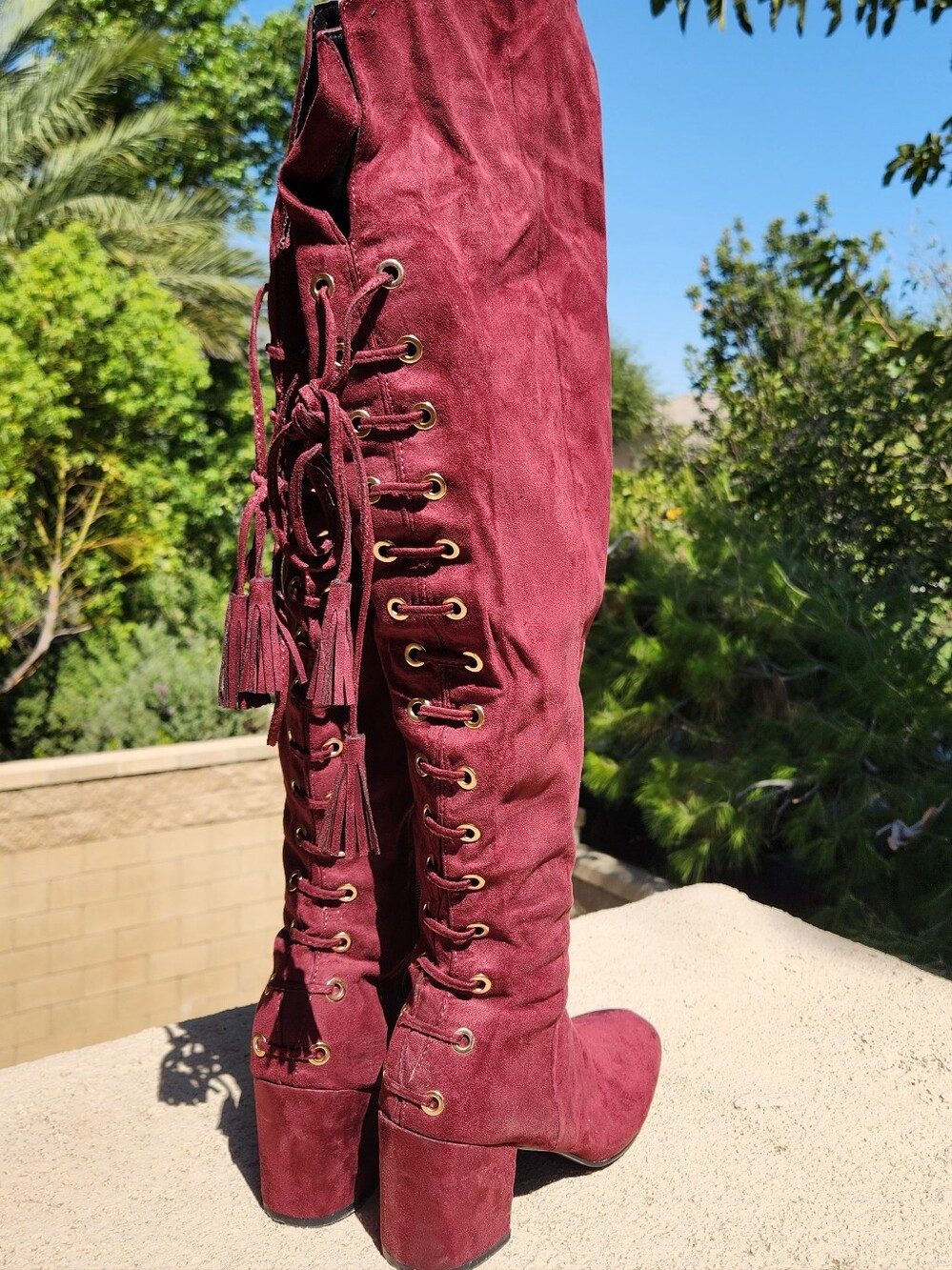 Women's Over-the-Knee Lace-Up Boots in Burgundy